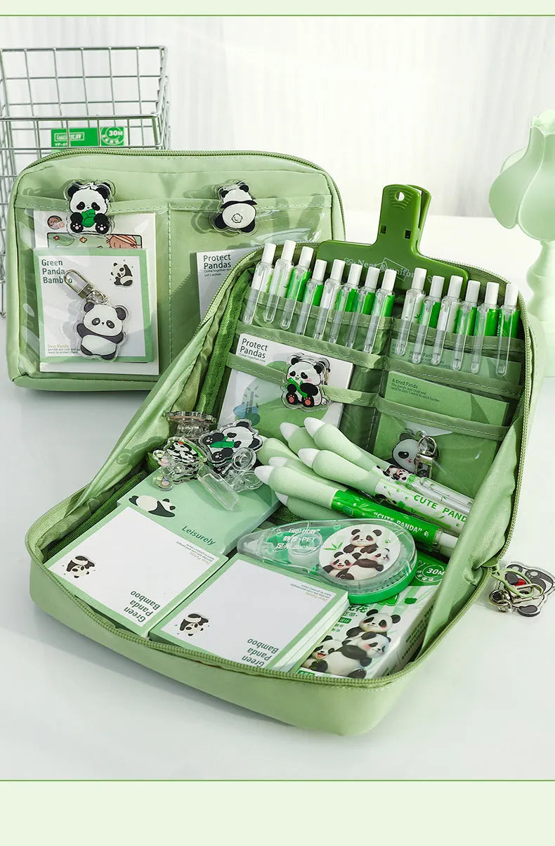 Green Korean-style canvas pencil case showing 12 open layers for organised pen and pencil storage