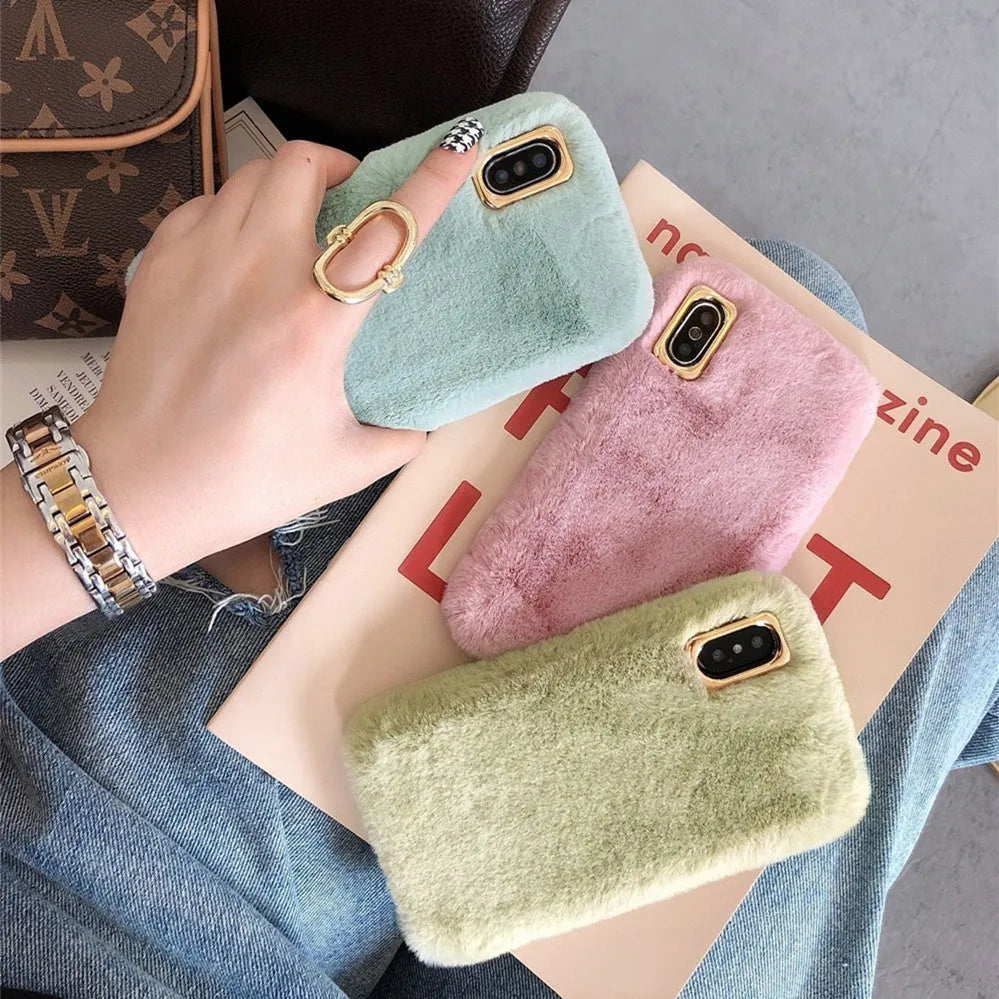 Soft rabbit plush phone case for iPhone with a removable silicone inner shell