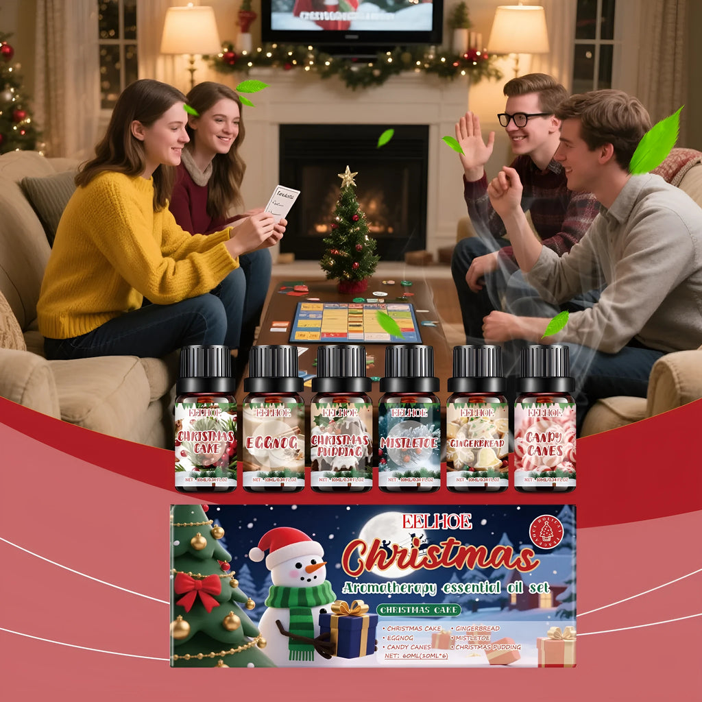 Set of six glass bottles of Christmas-themed aromatherapy oil, each containing 60ml of scented liquid.