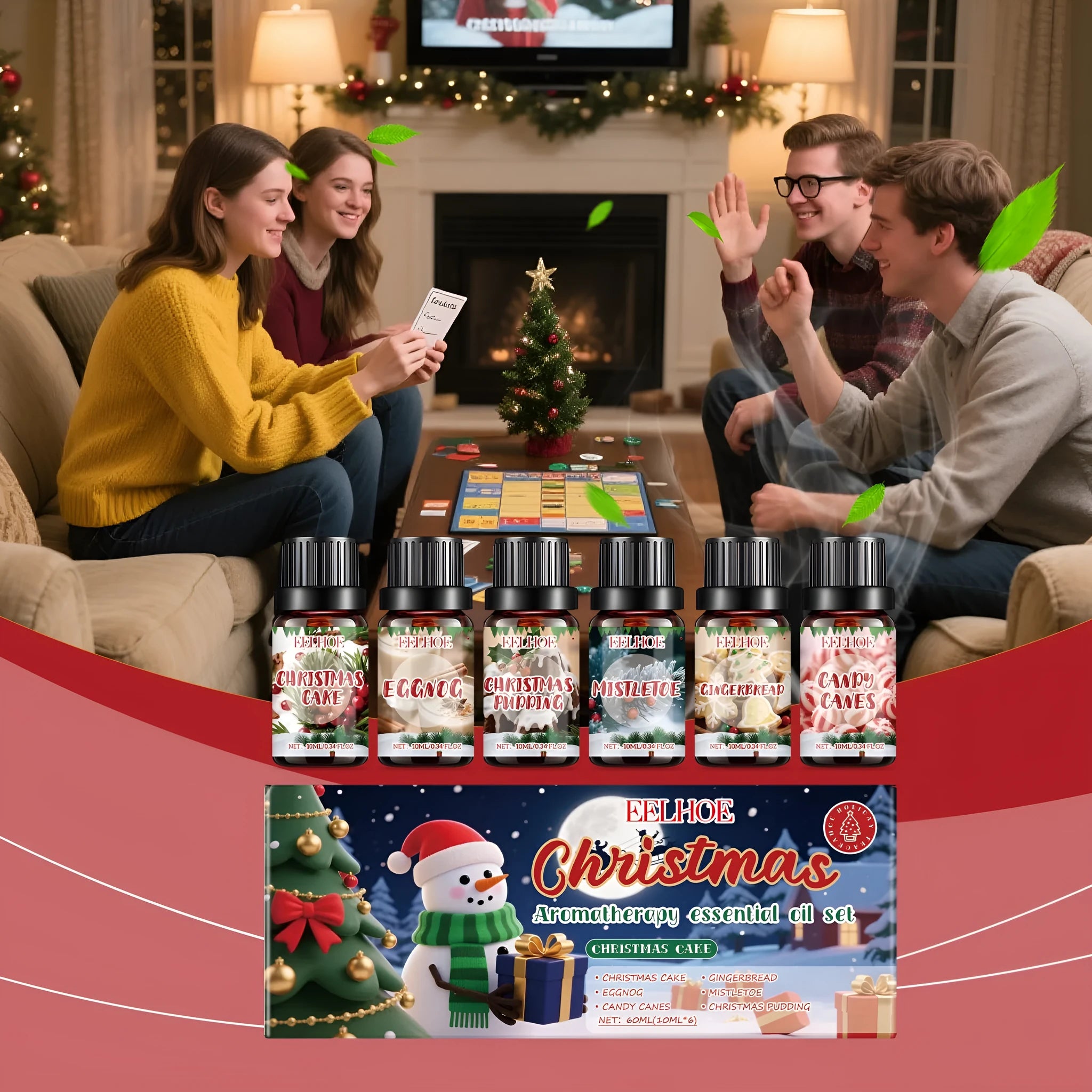 Set of six glass bottles of Christmas-themed aromatherapy oil, each containing 60ml of scented liquid.