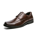 Low-top men's square toe business casual leather shoes in black and brown with rubber sole