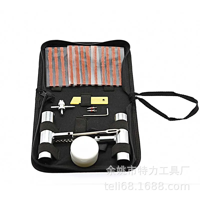 A cloth bag containing a 43-piece tire repair kit with 45 steel tools for puncture repairs.