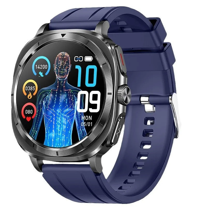ECG Bluetooth Calling Sport Smart Watch with AMOLED screen and touch button, shown in black, blue, red and brown colour options.