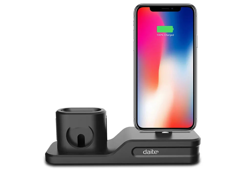 Black silicone 3-in-1 wireless charging station for Apple Watch, AirPods and iPhone on a desk