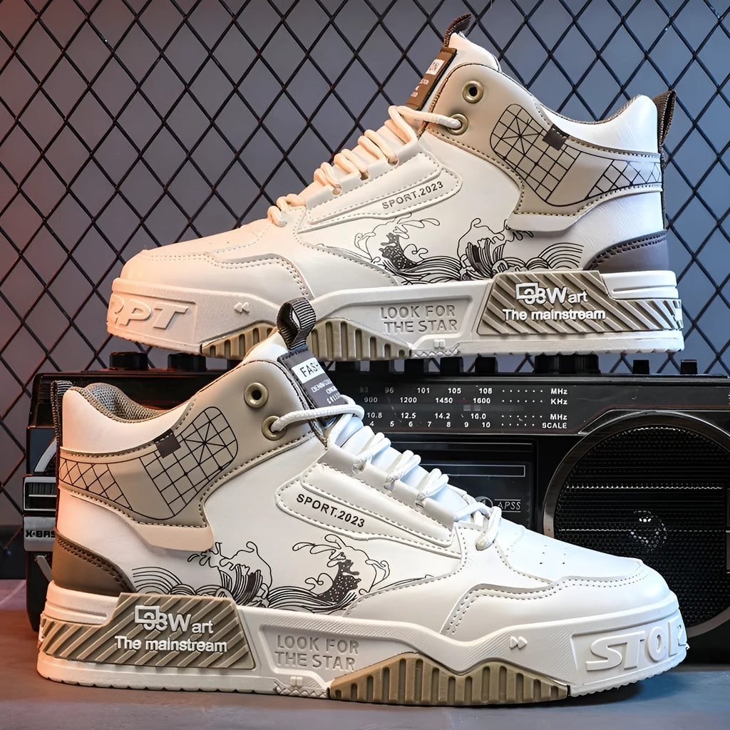Men's beige and white high-top board shoes with mesh lining and rubber soles