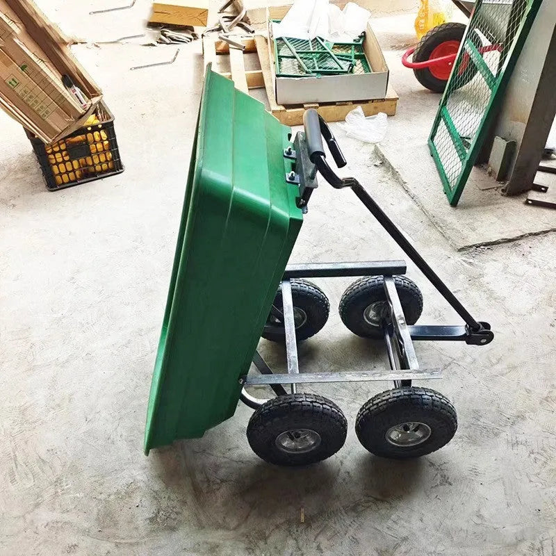 Green four-wheel plastic dump truck with a Steel PP body, model TC2145, for agricultural use.