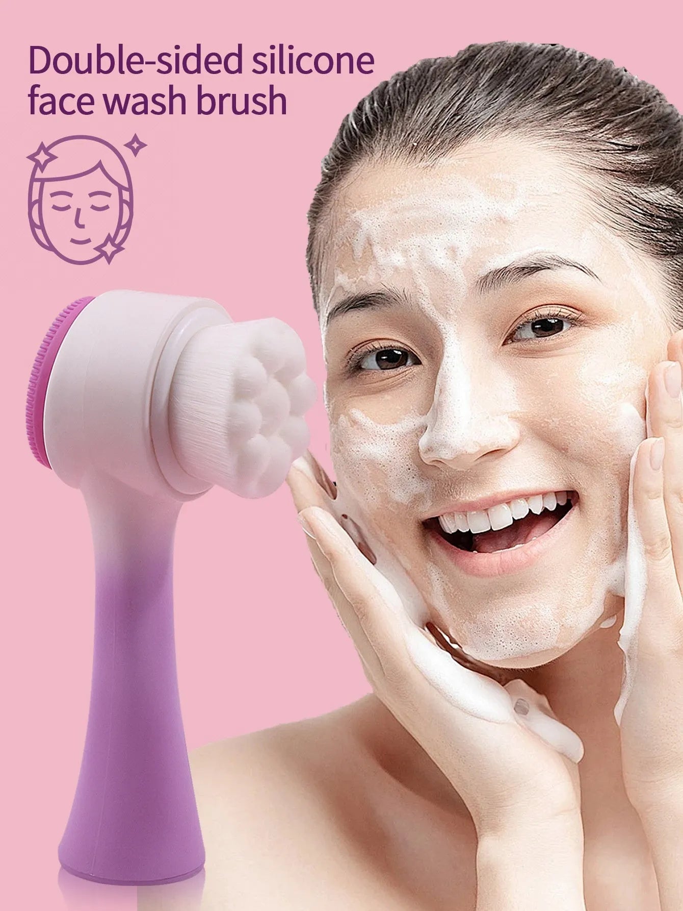 Three-piece facial skincare set showing a nylon brush and a coral fleece hair band in purple.