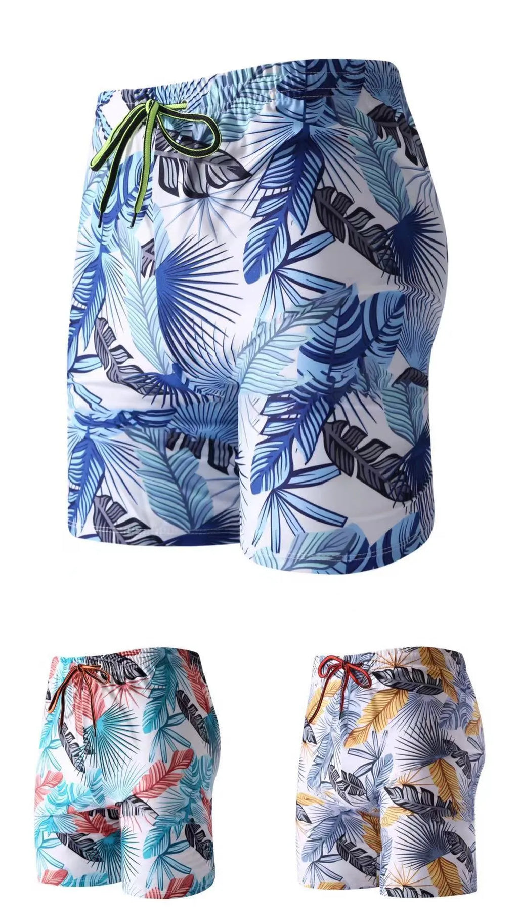 Men's cropped beach swimming trunks in multicolour leaf pattern with briefs style