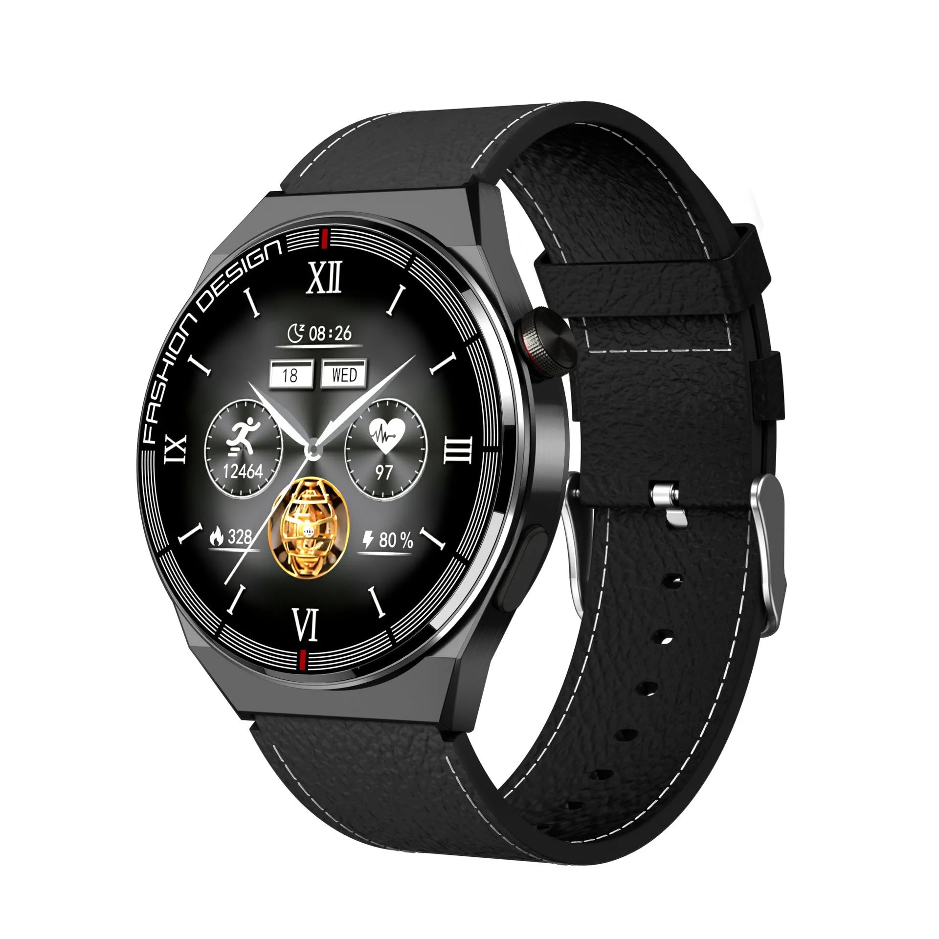 Black Bluetooth smartwatch with NFC on a wrist, showing heart rate data on its 1.28-inch screen.