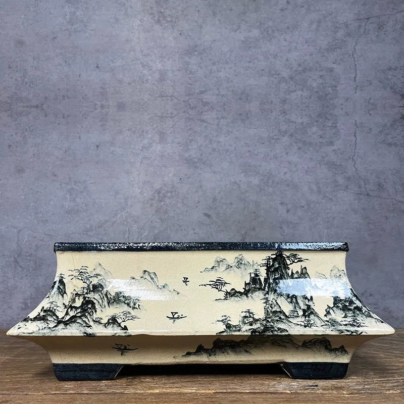 Handmade glazed ceramic flower pot with blue and white hand drawn Chinese style pattern, 34cm size