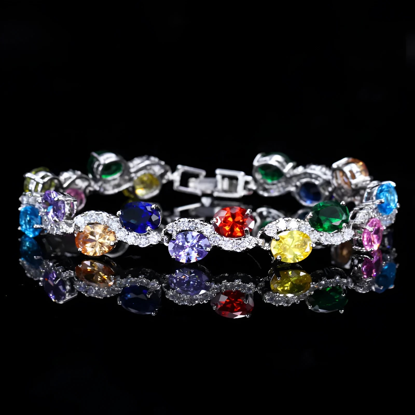 Copper gold electroplated bracelet with AAA+ zircon stones in geometric design measuring 18.4 cm length
