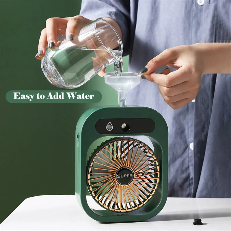 USB misting fan and humidifier in green or white, with three wind speeds and adjustable direction