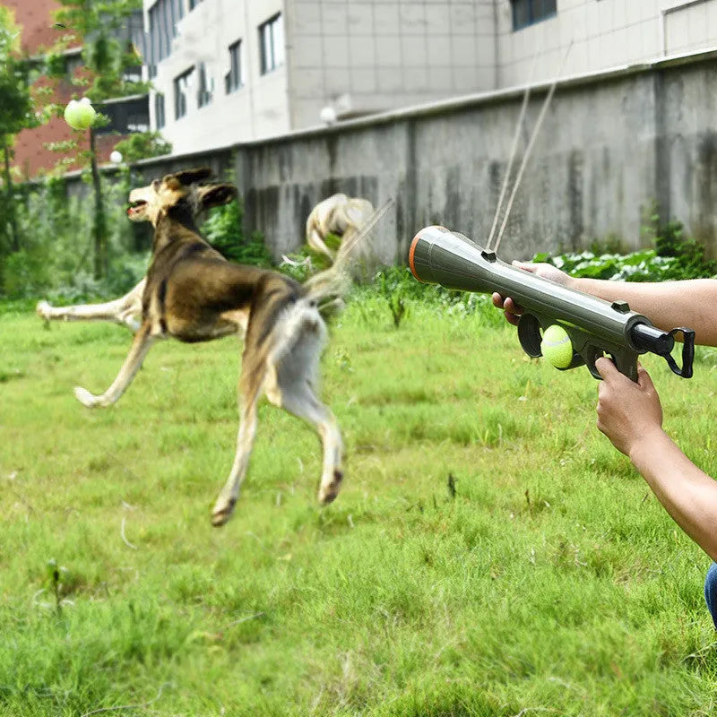 Black ABS plastic tennis ball launcher for dogs with two tennis balls