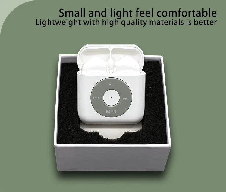 White wireless Bluetooth earphones with a semi-in-ear design and a matching charging case.