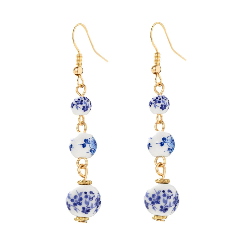 Blue and white porcelain ceramic bead long retro earrings with alloy metal geometric design