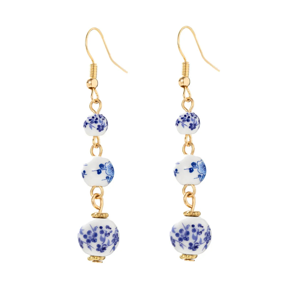 Blue and white porcelain ceramic bead long retro earrings with alloy metal geometric design