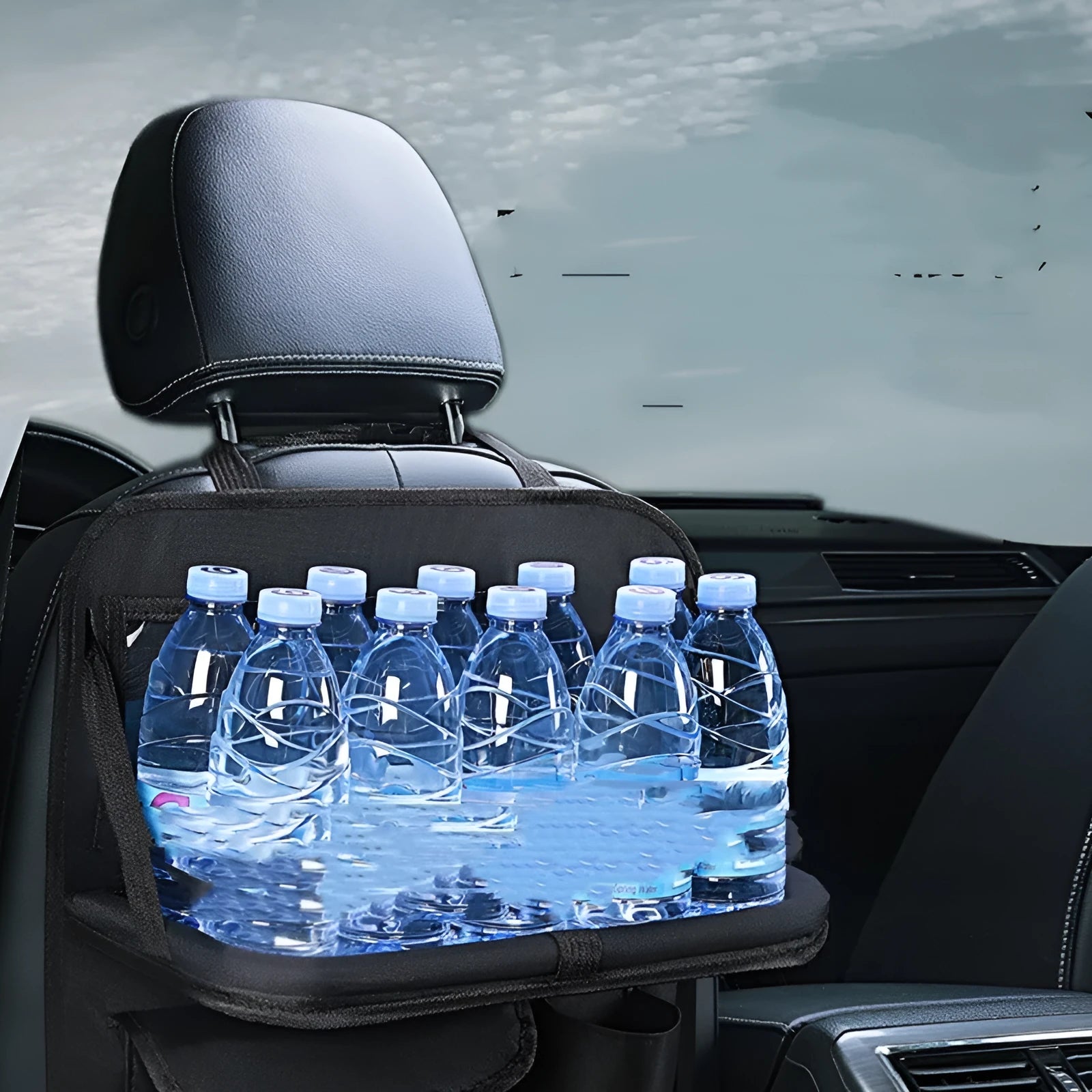 Black Oxford cloth car seat back storage bag with hanging design for vehicle organisation