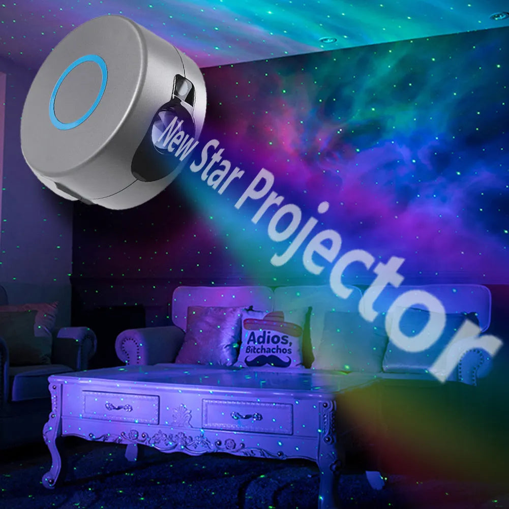 Grey starry sky projection lamp with remote control projecting coloured stars and green laser light indoors.