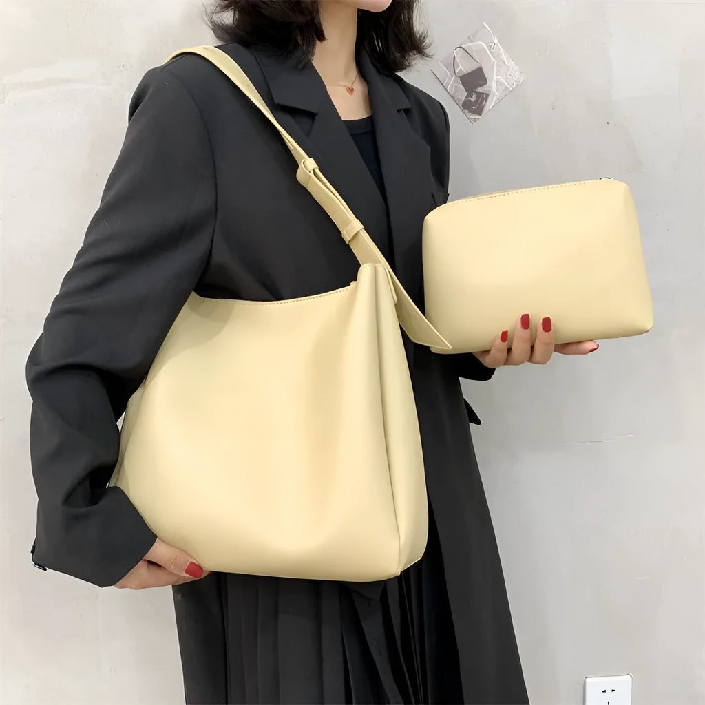 Large women's soft PU tote bag set with small bag in khaki colour, 33cm wide