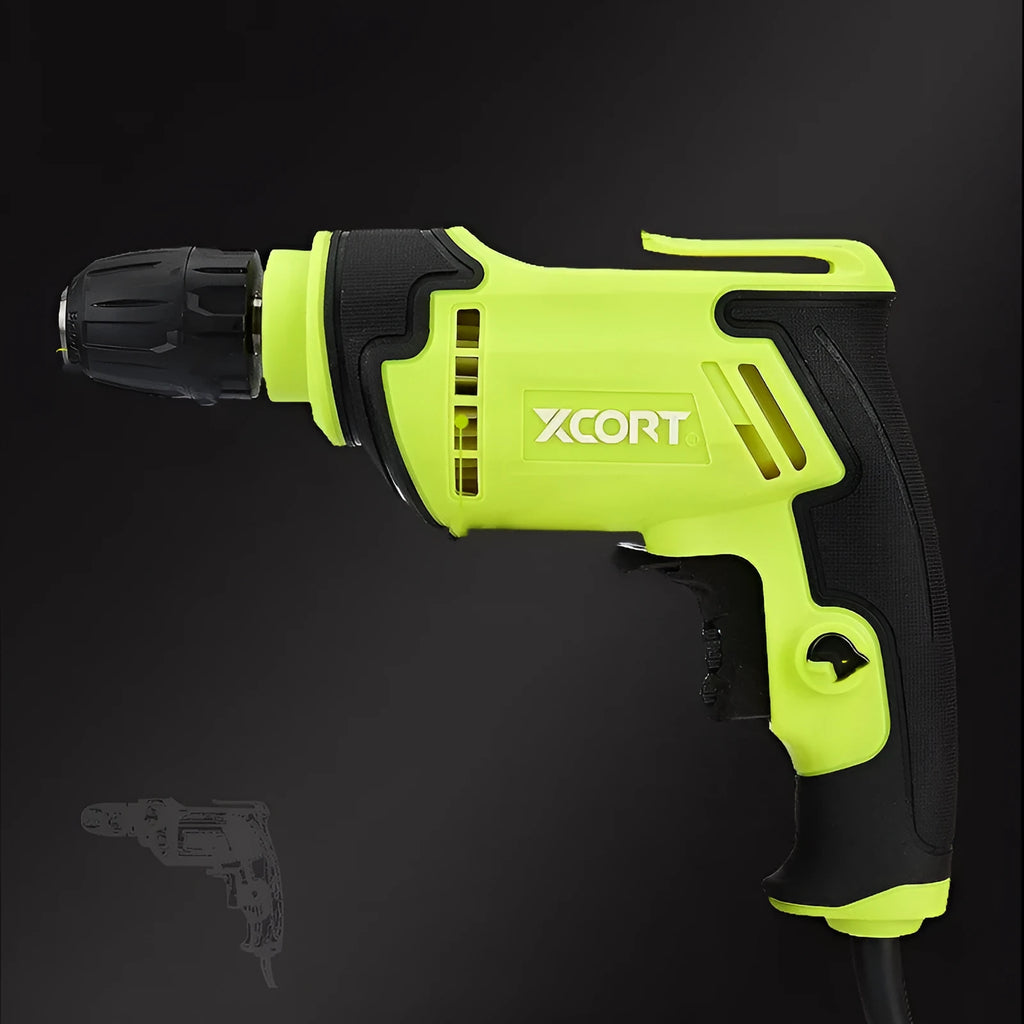 Black pistol-grip electric power drill with a 10mm chuck on a workshop bench.