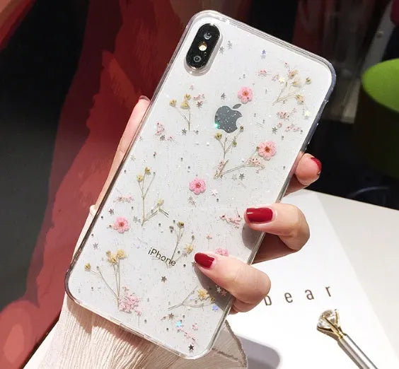 Handmade dried flower epoxy phone case with real flower specimens, TPU back cover, polka dots, Green Pink Purple Yellow