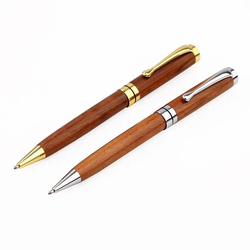 Rosewood and metal ballpoint pen 14cm long with gold and silver finish options on a white background