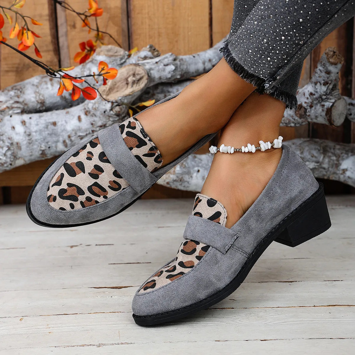 Leopard print slip-on casual shoes with suede upper and chunky mid heel in pink colour