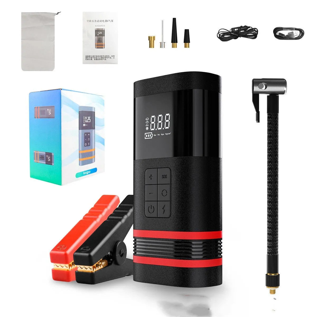 Black wireless emergency car jump starter with USB ports and cables, measuring 19.5x10x5.7cm