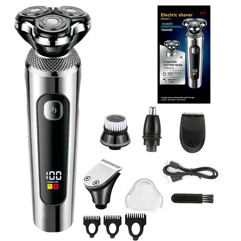 USB rechargeable beard trimmer with digital LED display on a black and silver five-in-one base bracket.