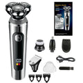 USB rechargeable beard trimmer with digital LED display on a black and silver five-in-one base bracket.