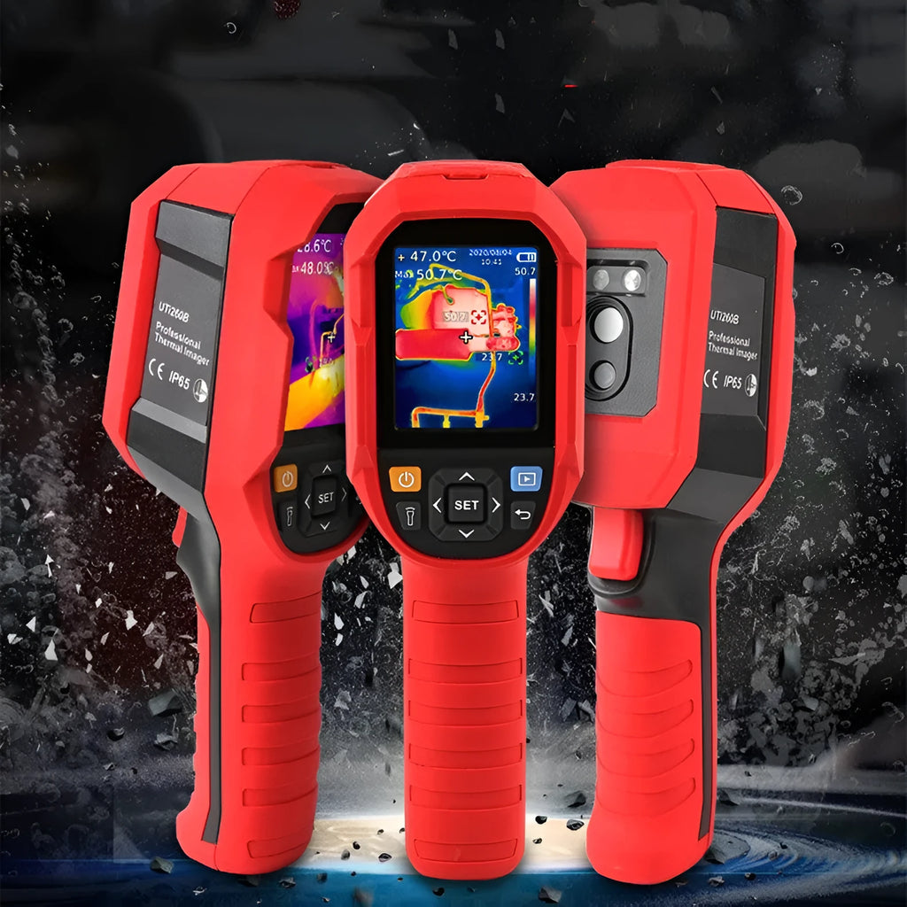 UTi260B handheld infrared thermal imaging camera with display screen, shown with USB cable and storage bag.