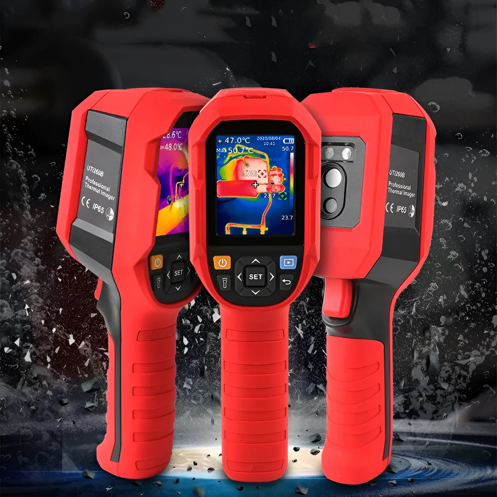UTi260B handheld infrared thermal imaging camera with display screen, shown with USB cable and storage bag.