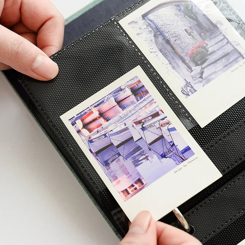 Cotton and linen loose-leaf pocket photo album for 3-inch and 5-inch photos, 14.5 x 15 x 3 cm, with PP pages.