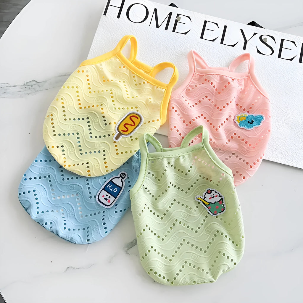 Light blue mesh pet vest for dogs with adjustable straps and breathable fabric