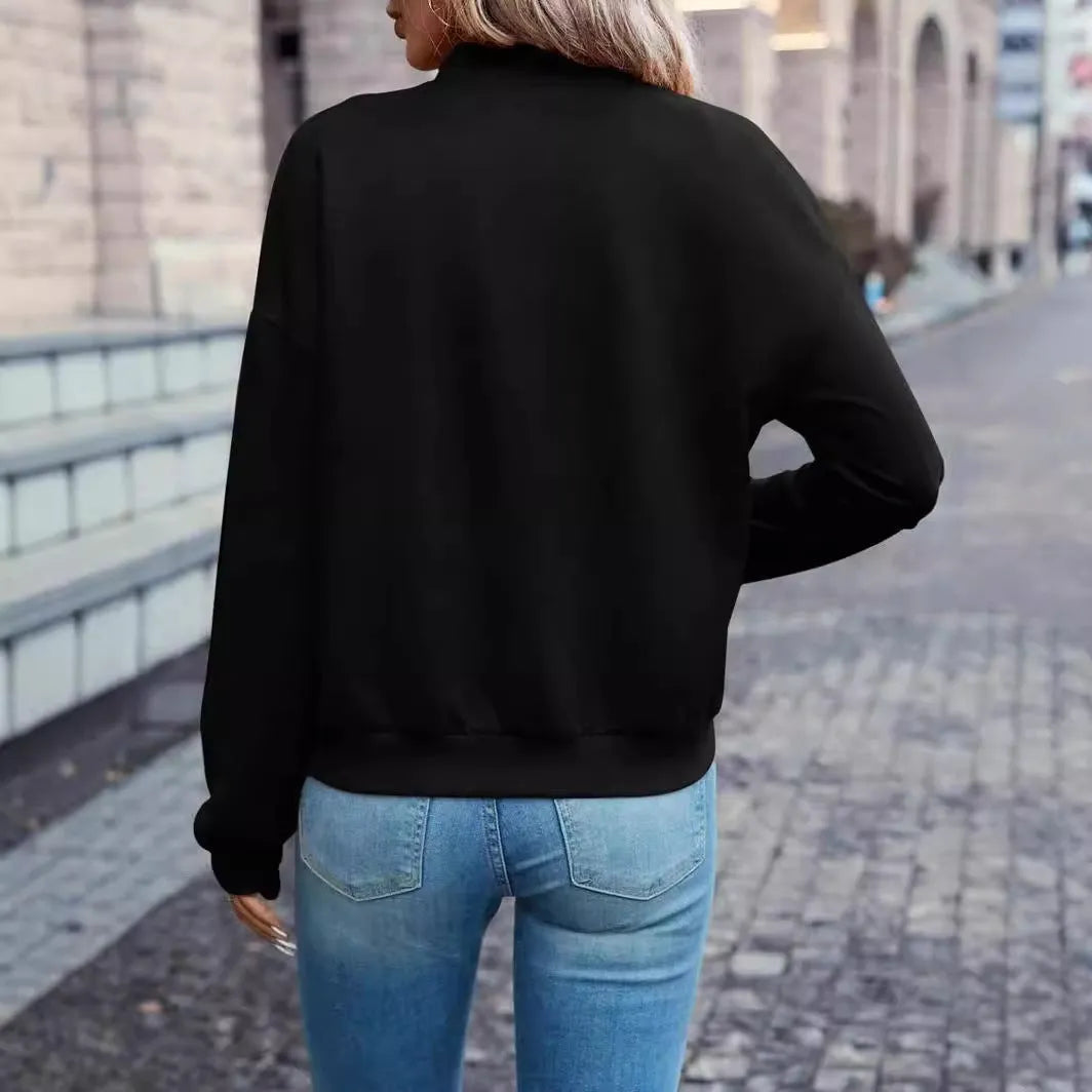 Black women's casual zip jacket with long sleeves in Japanese Korean style