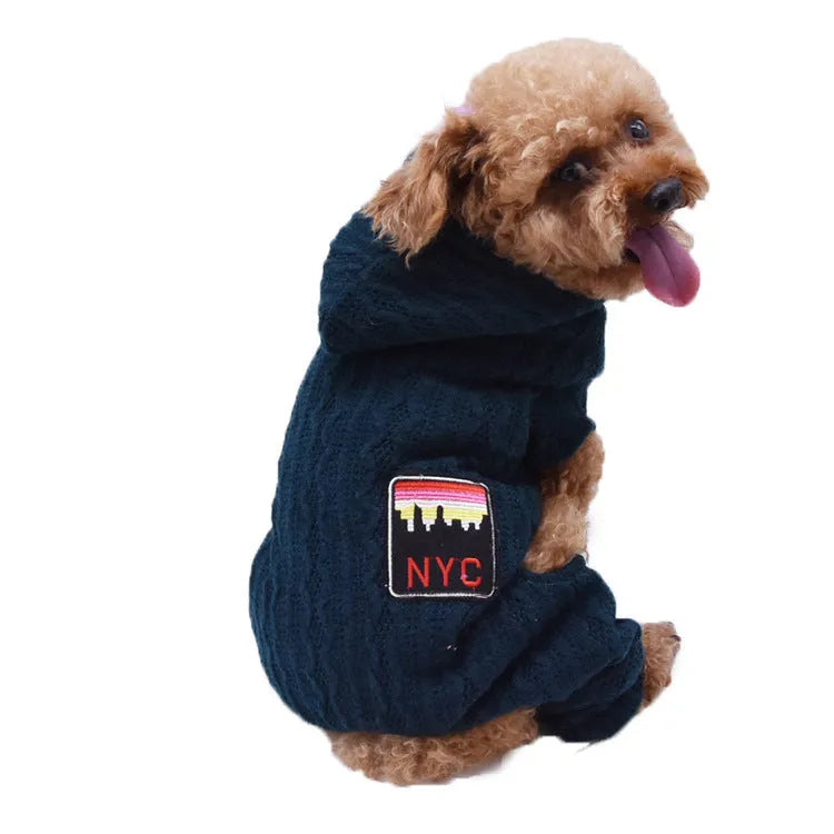 Four-legged wool pet jumper with velvet lining in green, grey, or red, sizes S to XXL