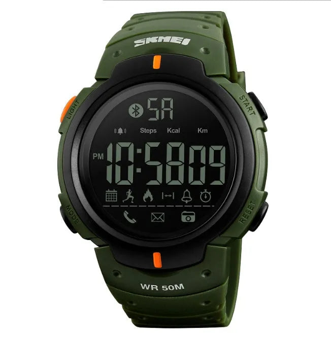Black and army green Bluetooth smart watch with 50mm resin mirror dial on PU strap