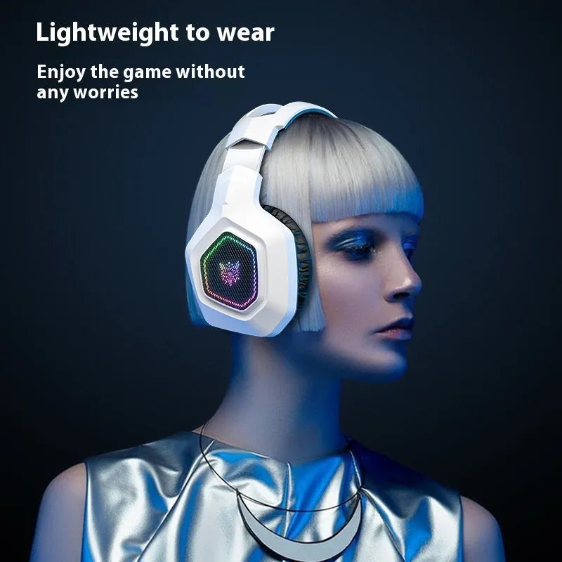 Black or white wireless gaming headset with RGB lights, showing its lightweight 24g design.
