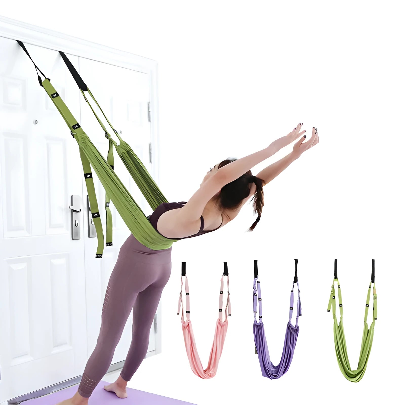 Yoga hammock strap in green with door anchor for inversion and stretching exercises, 660lbs capacity