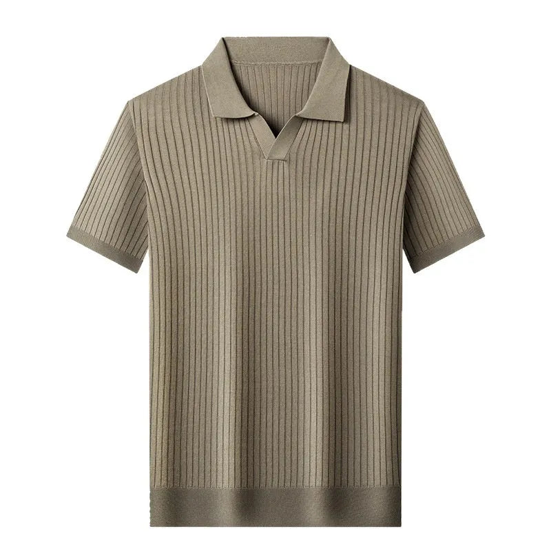 Men's striped mulberry silk T-shirt with lapel collar and short sleeves in multiple colour options.