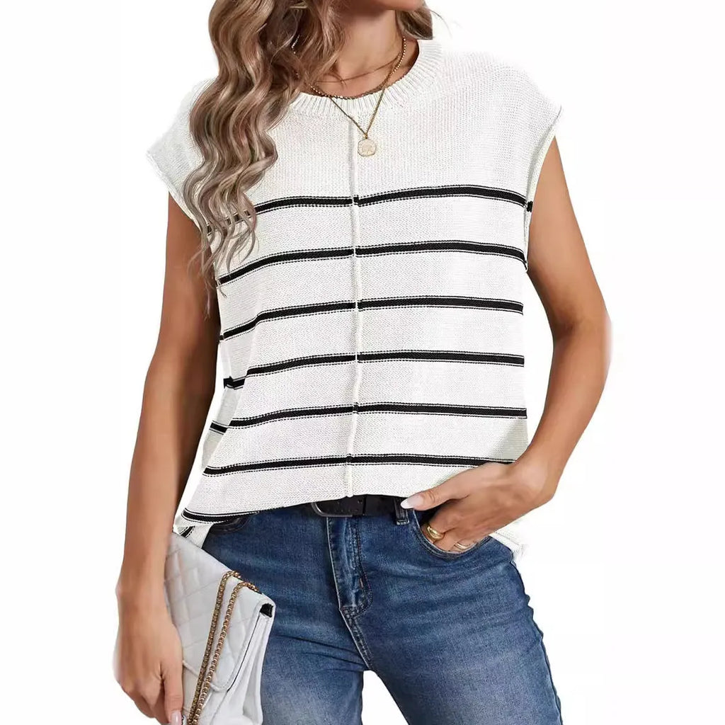 Women's striped sleeveless pullover vest in acrylic fabric on a hanger.