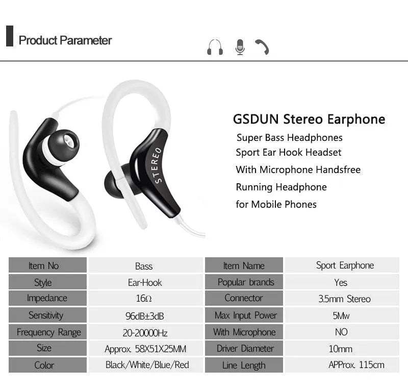 Black wired earhook sport headphones with over-ear hooks and a 3.5mm plug.