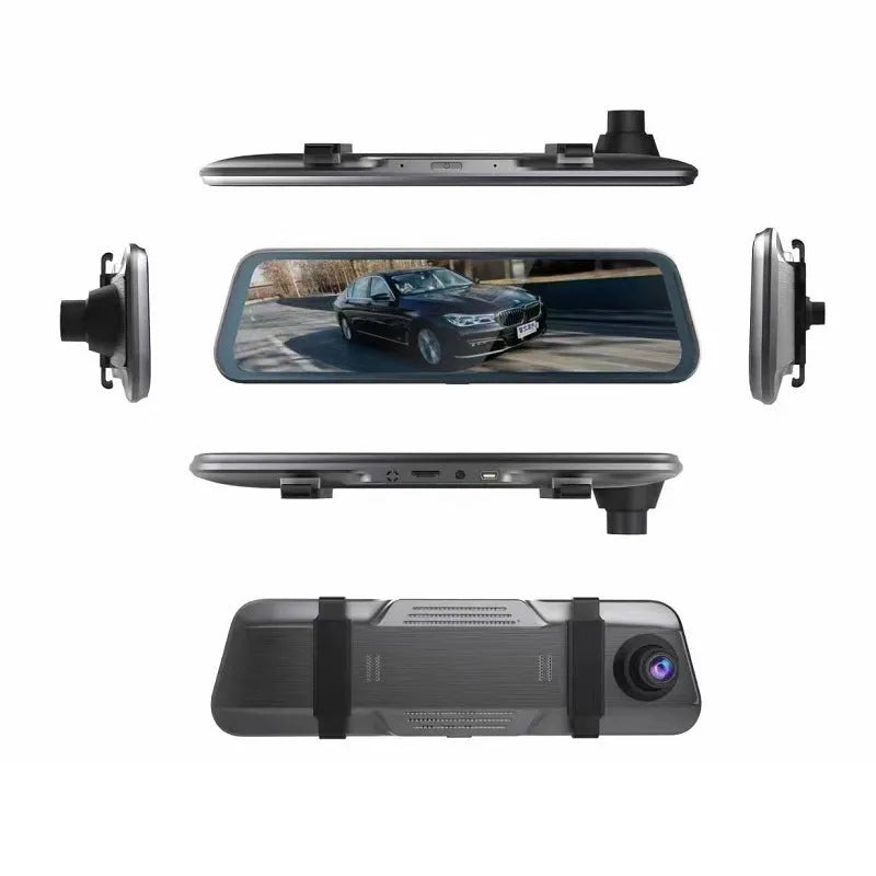 Black rearview mirror format driving recorder with large touchscreen display