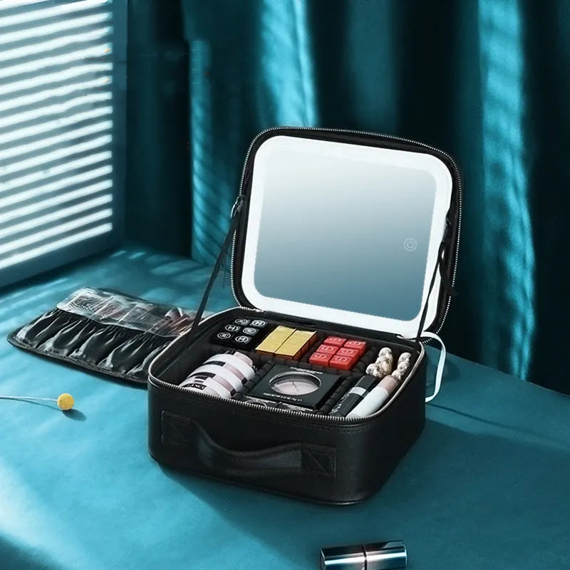 Large capacity cosmetics storage bag with full screen mirror and LED lamp ring, 26x23x11cm, polyurethane leather, USB powered