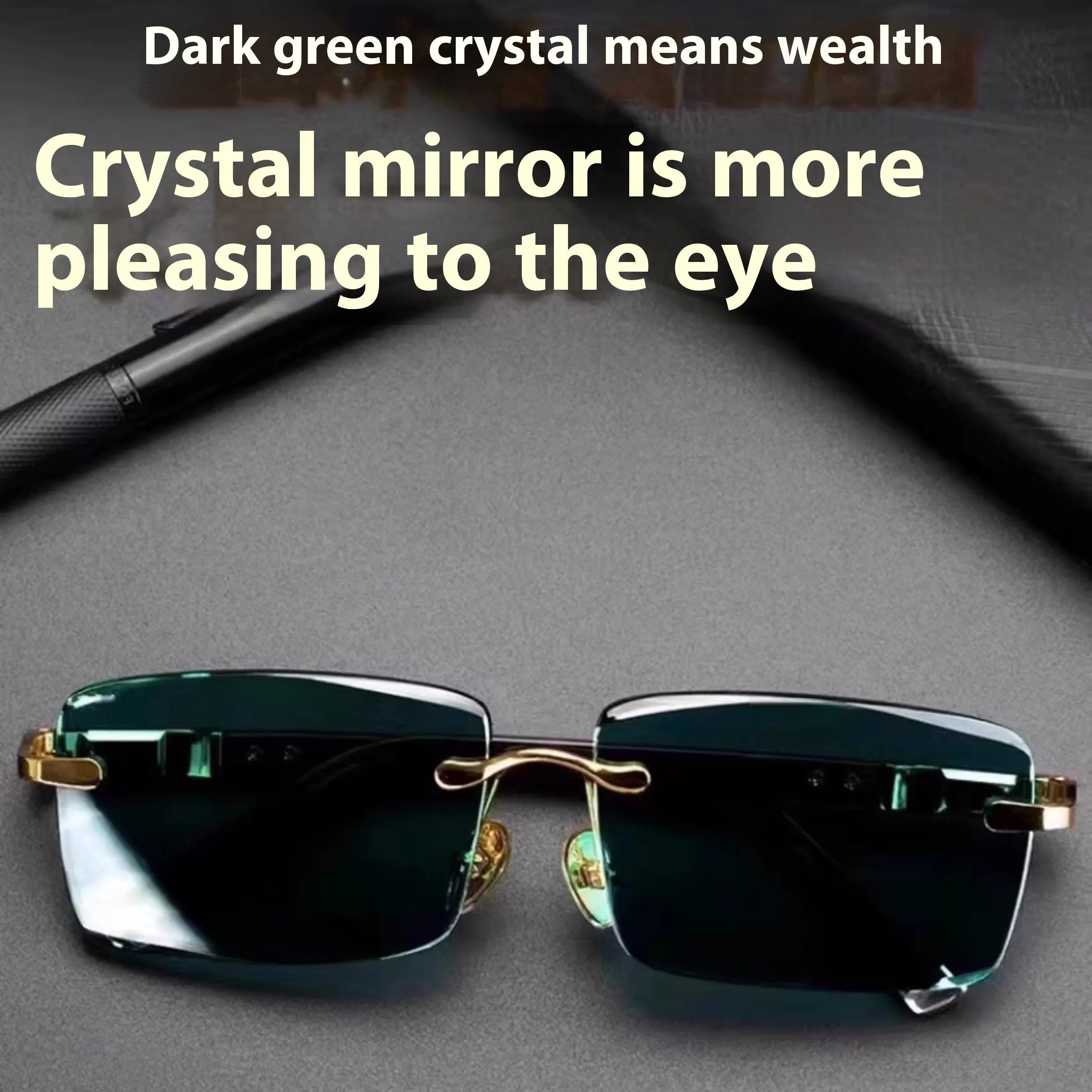 Frameless dark green crystal glasses with case and lens cloth, sunshade eyewear set