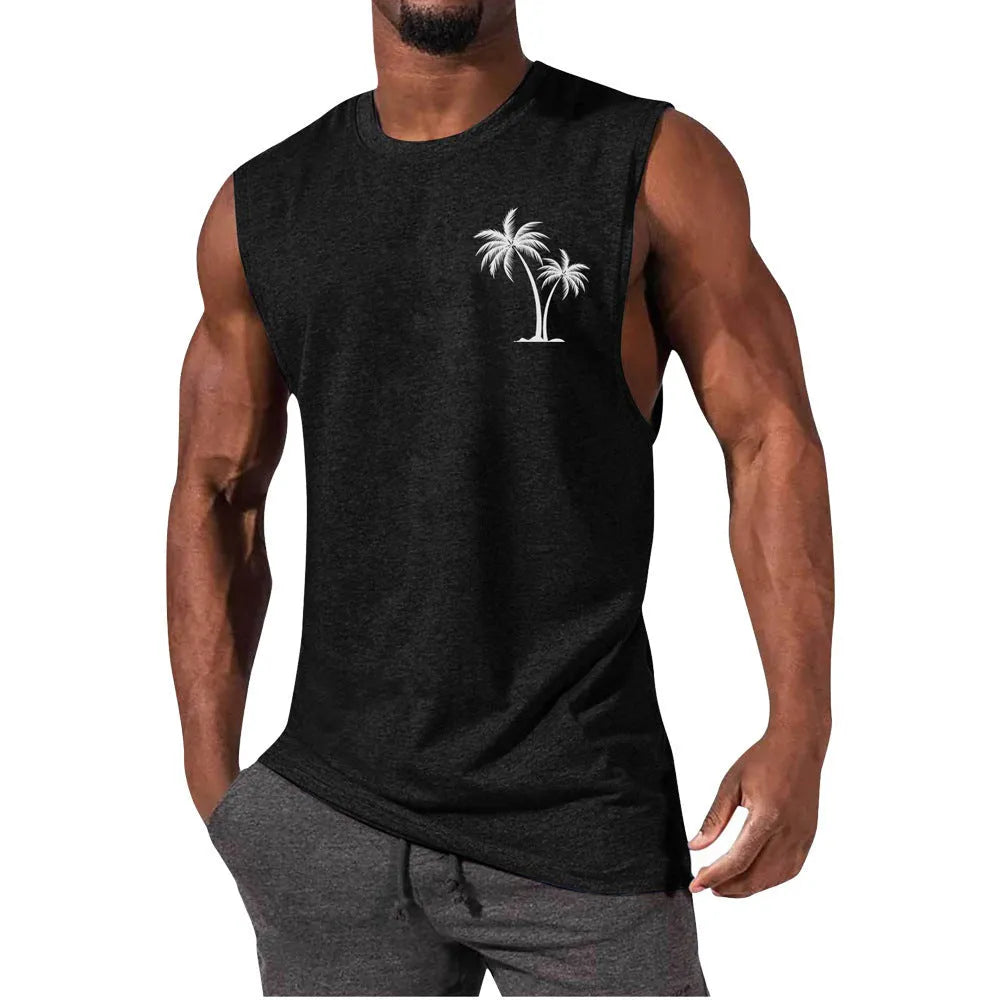 Mens loose sleeveless vest with digital print, straight hem, polyester milk silk fabric, summer casual top