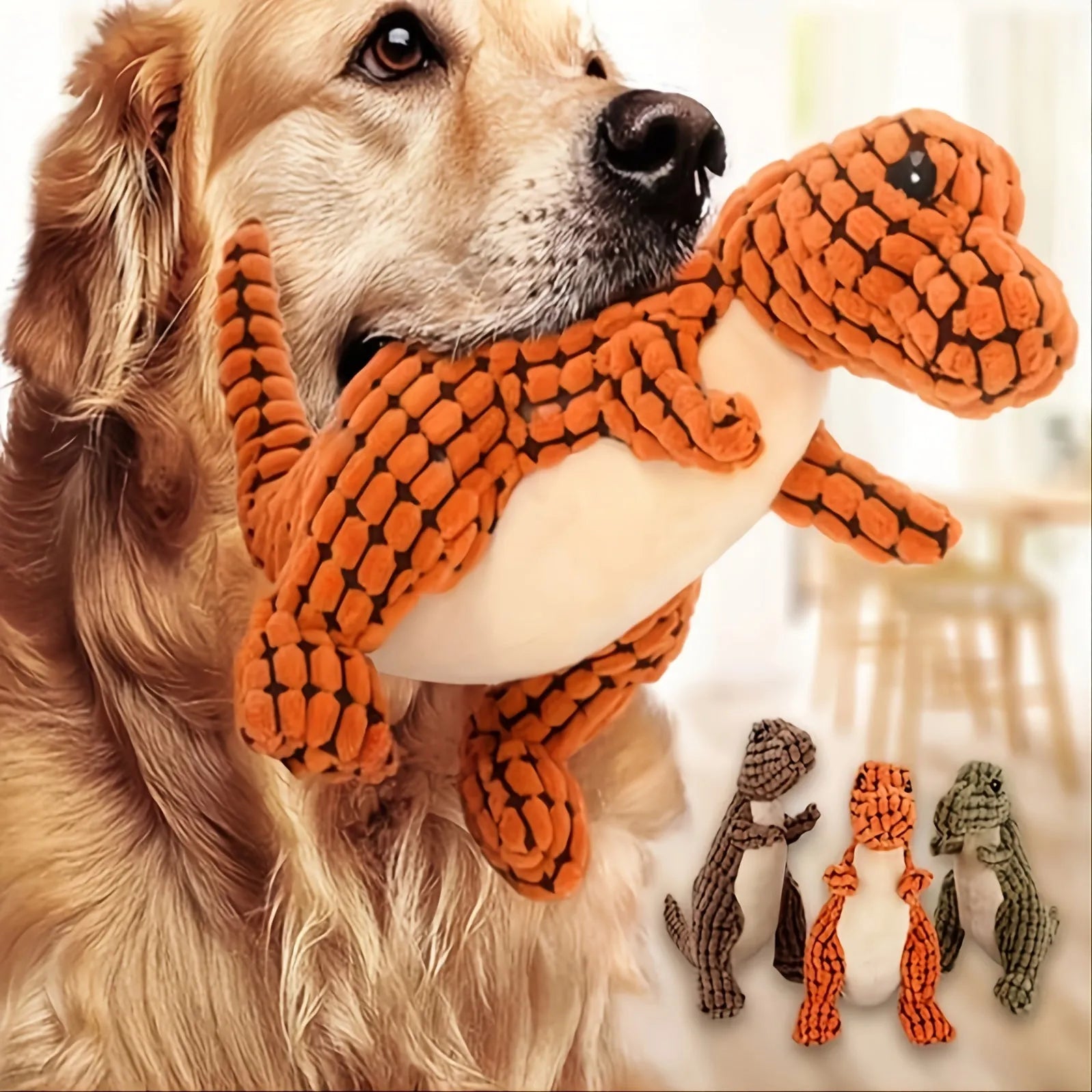Grey, green, or orange bite-resistant dog toy with sound for puppies and large breeds.