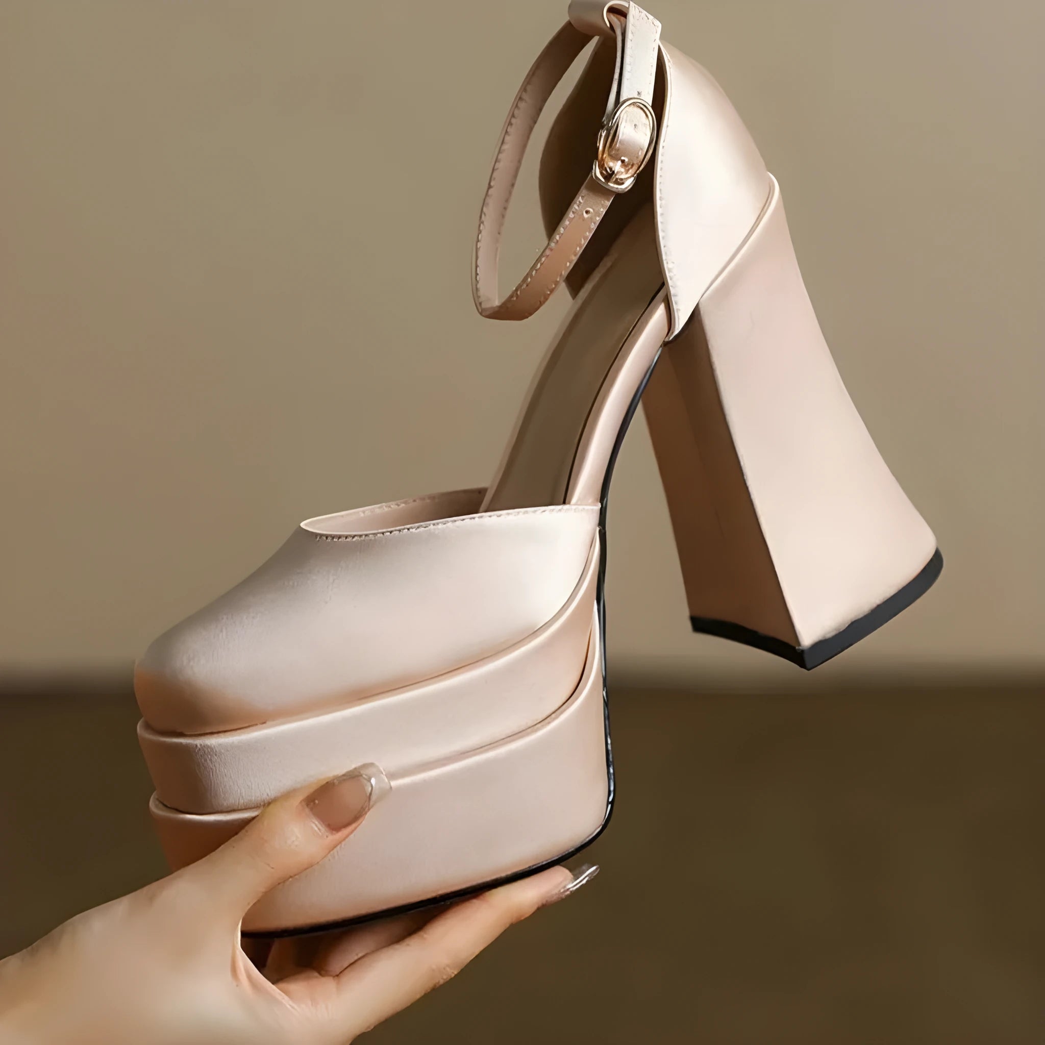 Women's white platform high heels with a chunky heel and round toe on a plain background.