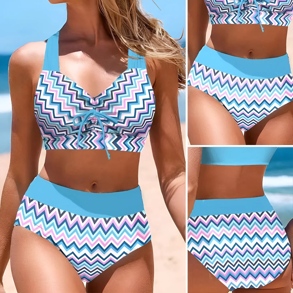 Women's blue cross sling split swimsuit bikini set with briefs-style lining