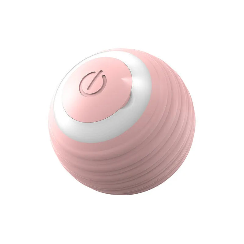 Blue automatic rechargeable moving ball cat toy on a wooden floor.